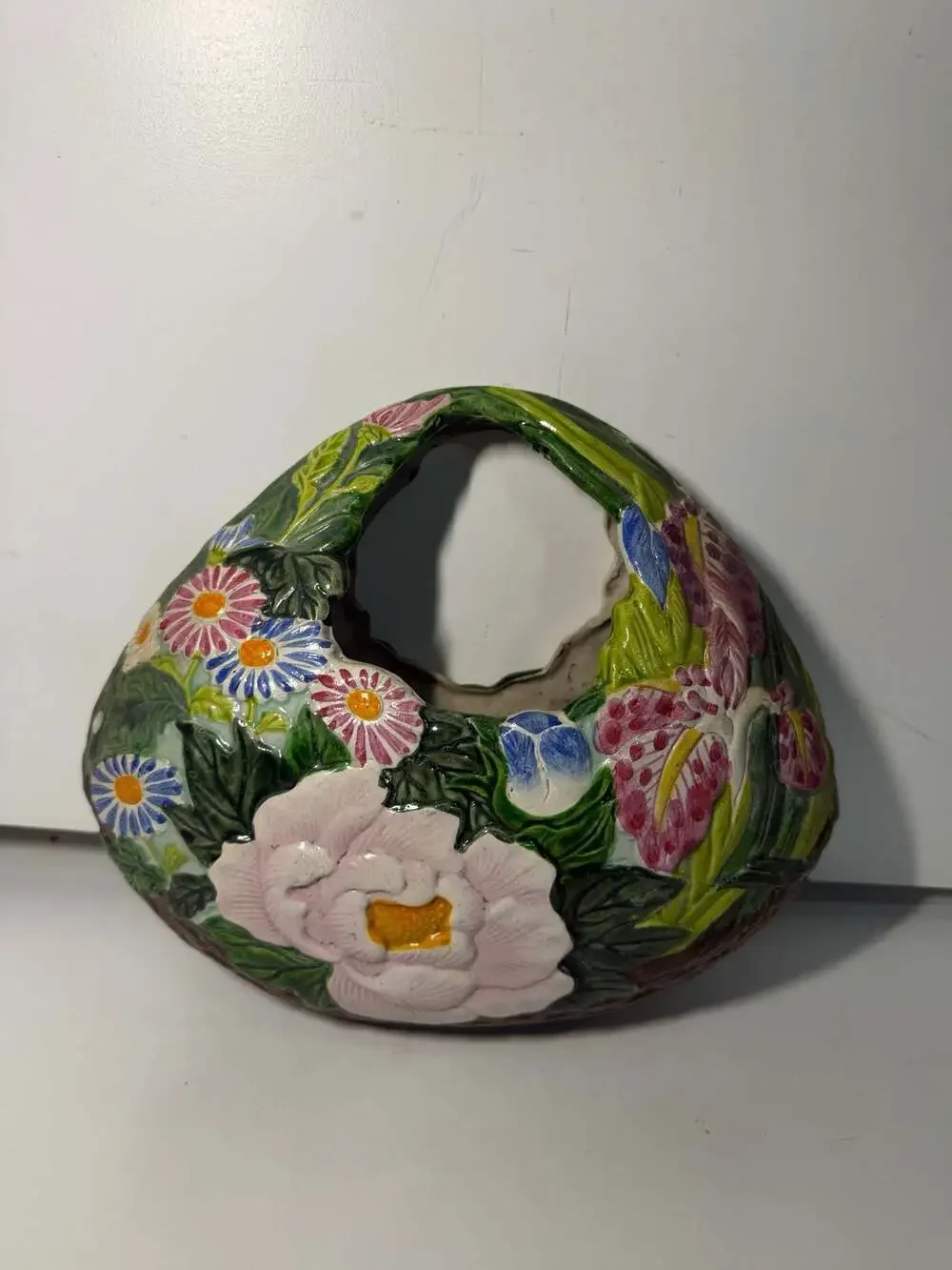 Vintage Japanese Majolica Style Hand Painted Floral Ceramic Basket Vase Planter